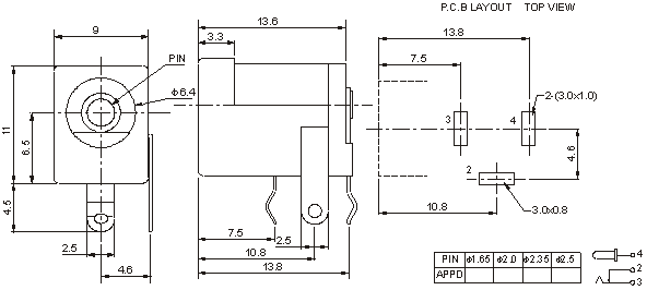 แจ็คตัวเมีย 5.5x2.1 mm แบบติด PCB ใช้คู่กับ DC jack