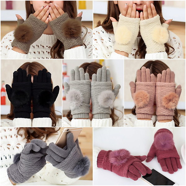 ถุงมือกันหนาวไหมพรมวูลนิ่มแต่งเฟอร์แท้ ทัชสกรีนได้-11727