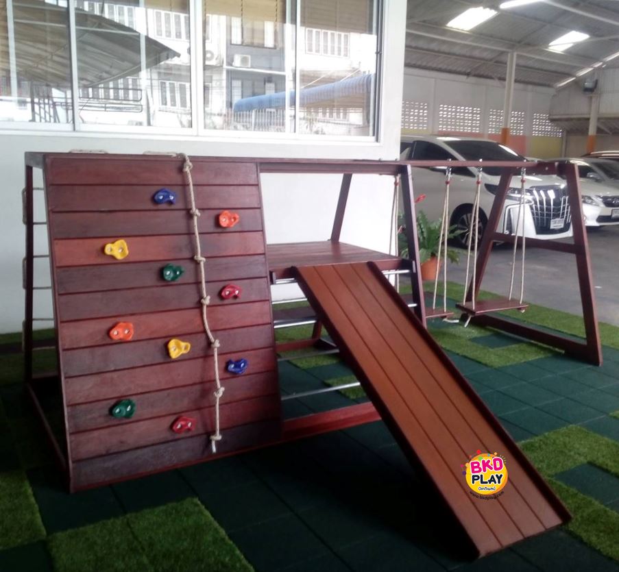เครื่องเล่นสนามไม้ งานกลางแจ้ง ชุดรวม D ชิงช้า สไลเดอร์ ปีนป่ายหน้าผา,ไม้เนื้อแข็ง wood playground