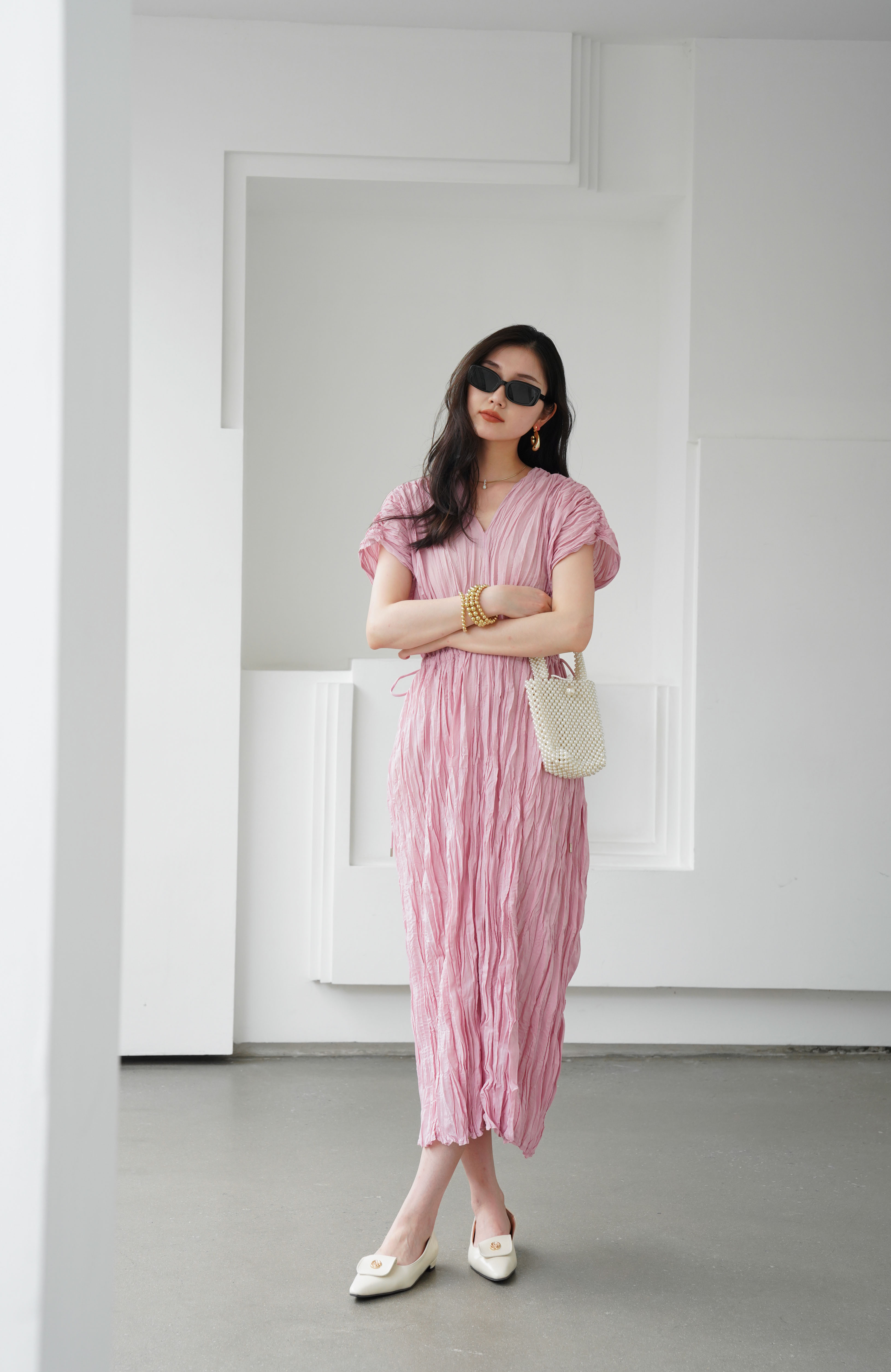 ปรับราคาลง20%!! 2MUAY รุ่น GJO3558 เดรสพลีทคุณภาพ V NECK WAIST TIE PLEATED DRESS 6 สี FREE SIZE