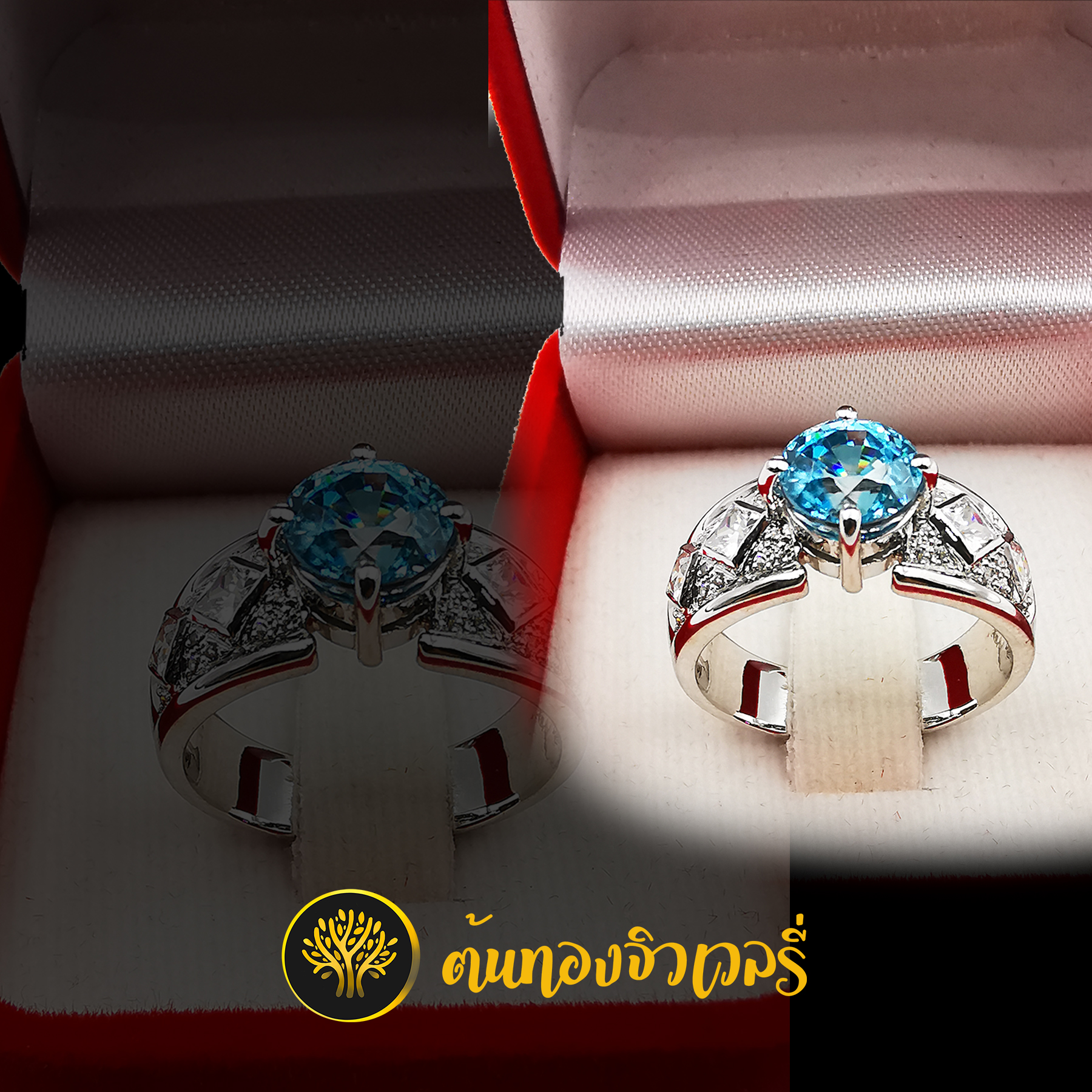 แหวนเงินพลอยสีฟ้า ข้างฝังเพชร