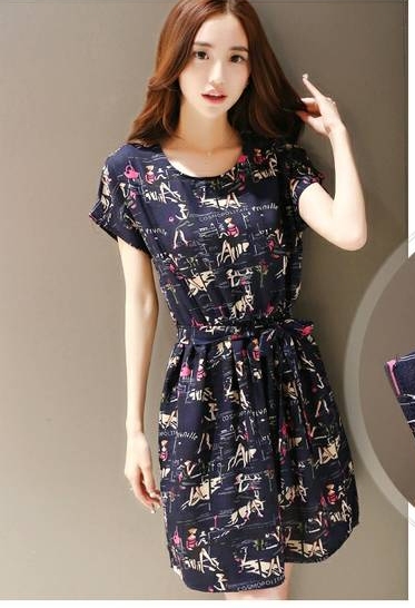 ชุดเดรส แฟชั่นเกาหลี ผ้าชีฟองเนื้อดี เอวจั้มผูกสายได้ ลายตามแบบ มี 2 สี ครีมและน้ำเงิน