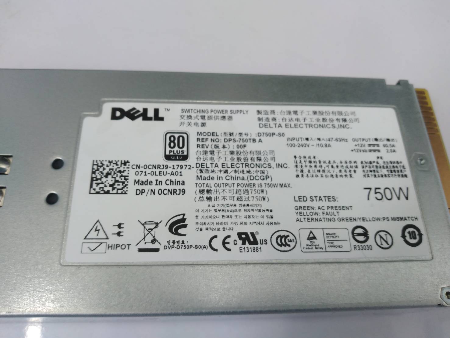 CNRJ9 (FN1VT) Dell PowerEdge Server R510 R810 R910 Power Supply 750W PSU D750P-S0