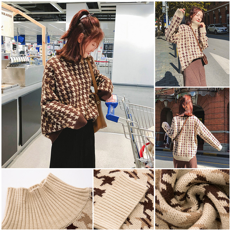 เสื้อกันหนาวไหมพรม เสื้อสเวตเตอร์คอเต่าแขนยาวลายสก็อตแบบ Loose Style ผ้าไหมพรมเนื้อหนา (มี 2 สี)