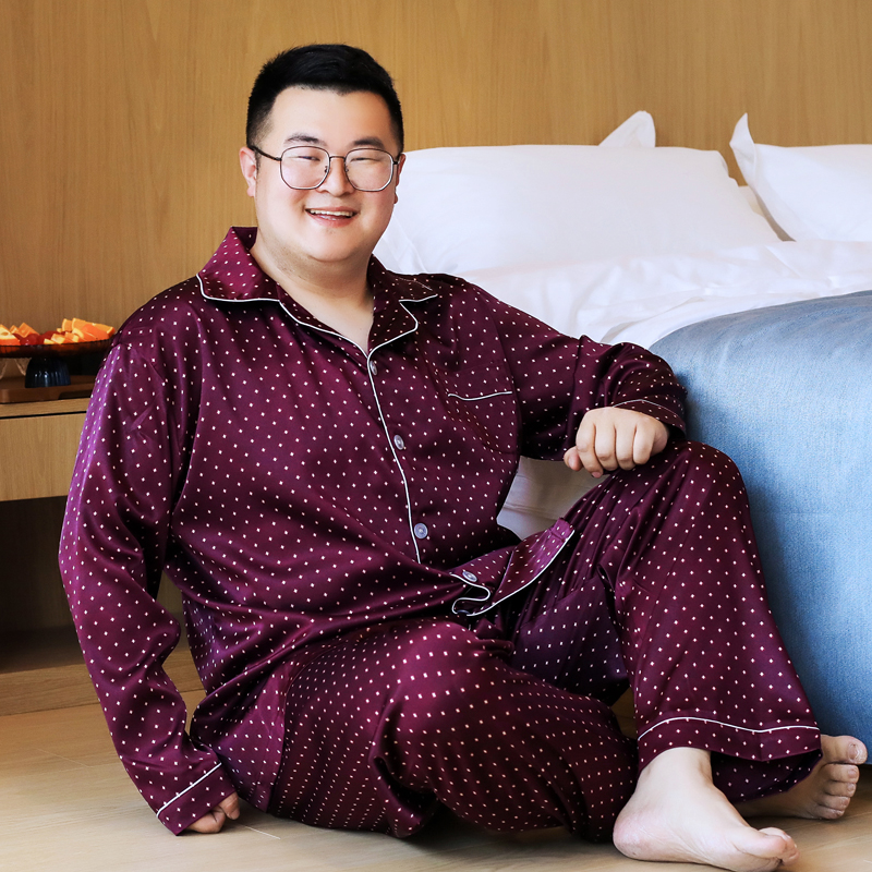 ชุดนอนผู้ชายไซส์ใหญ่ แขน-ขายาว ผ้าซาติน สีแดงลายขาว