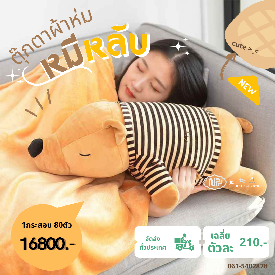 ตุ๊กตาหมอนผ้าห่ม หมีหลับซุกมือ 1กระสอบ 80 ตัว คละสี ส่งตัวล่ะ 210 บาท