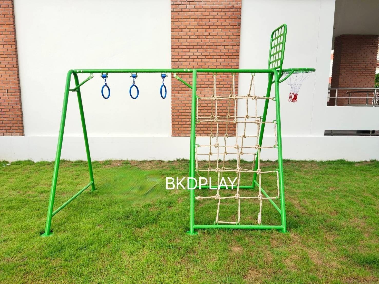 เครื่องเล่นสนามเหล็ก ชุดรวมF ปีนป่ายเชือกถักบาร์โหนแป้นบาส OutdoorPlayground, เครื่องเล่นสนามกลางแจ้ง ราคาโรงงาน สินค้า สั่งผลิต 10-20 วัน ขนาด150 x 200 x 180 ซม.