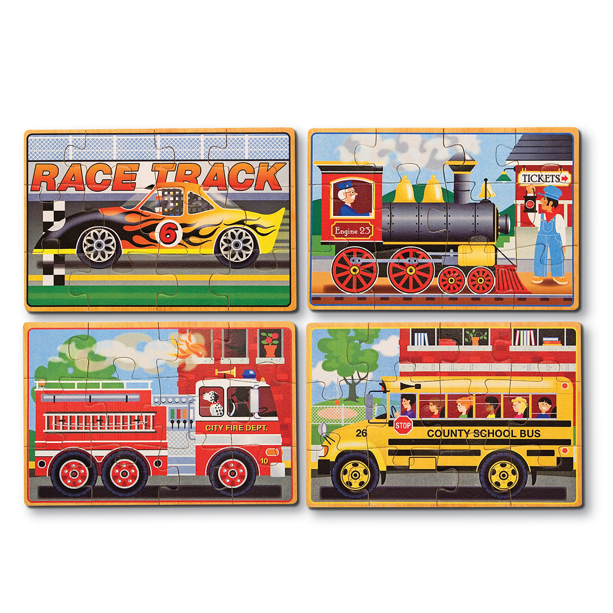 จิ๊กซอไม้ 4-in-1 สี่แบบในกล่องเดียว พร้อมกล่องเก็บอย่างดี Vehicles Jigsaw Puzzles in a Box Melissa&Doug, ของเล่นเสริมพัฒนาการ, ของเล่น