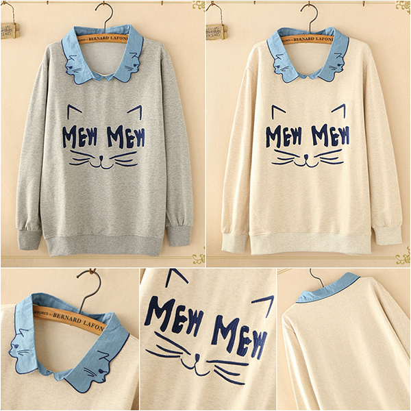 [SALE] เสื้อสเวตเตอร์แขนยาว ปักลายแมวสไตล์วินเทจ-12318