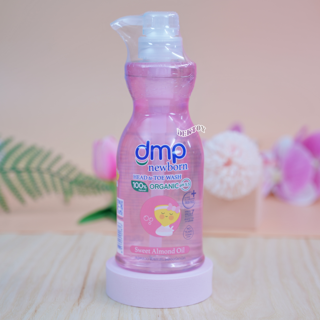 DMP newborn ออร์แกนิค สบู่เหลวอาบน้ำสระผมสำหรับเด็กแรกเกิด 450 มล.แถม100มล. Sweet Almond oil ชมพู