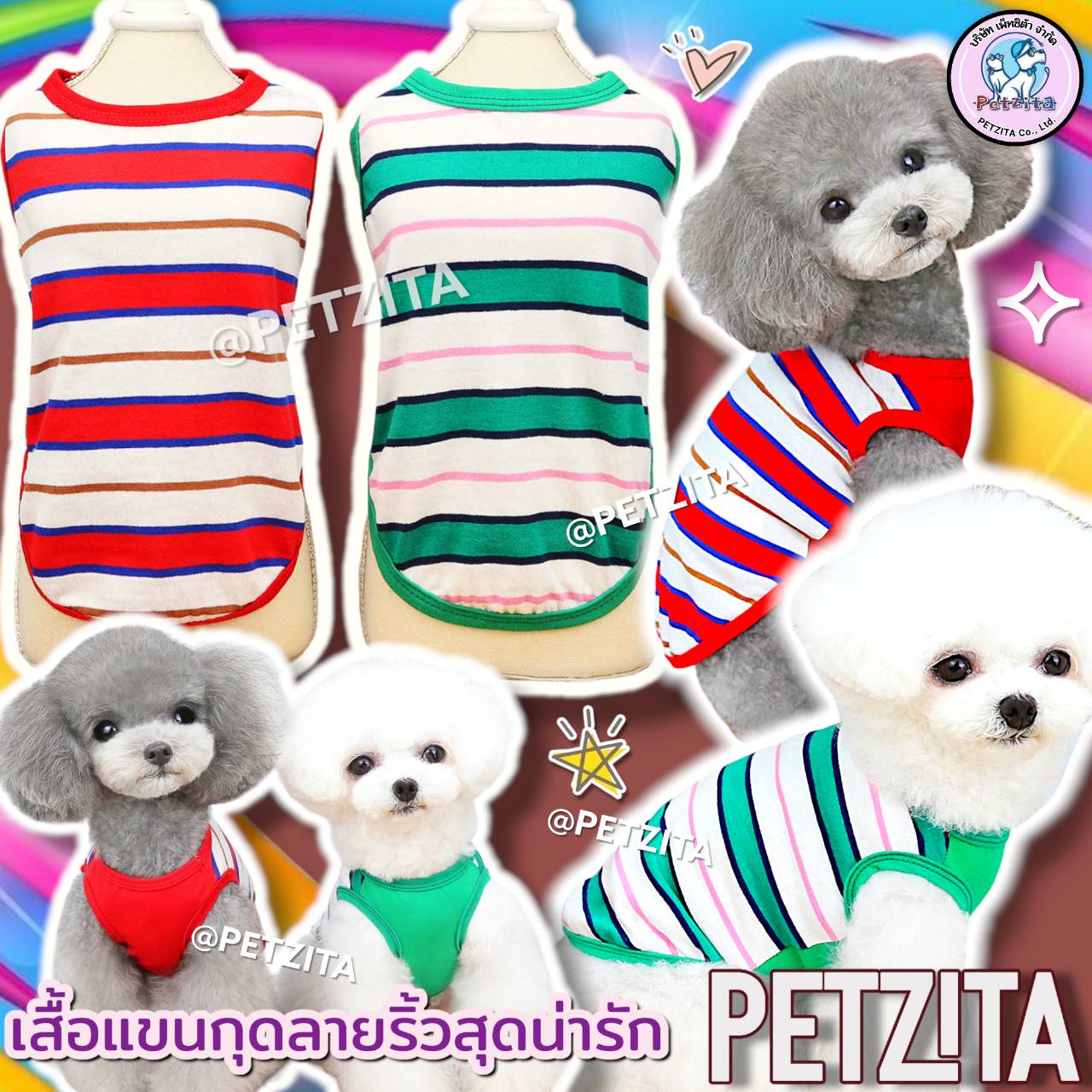 🇹🇭พร้อมส่ง🇹🇭 🐶🐱 เสื้อแขนกุดลายริ้ว สีสดใส น่ารัก ผ้าใส่สบาย for pet เสื้อผ้าสัตว์เลี้ยง สุนัข ชุดหมา ชุดแมว