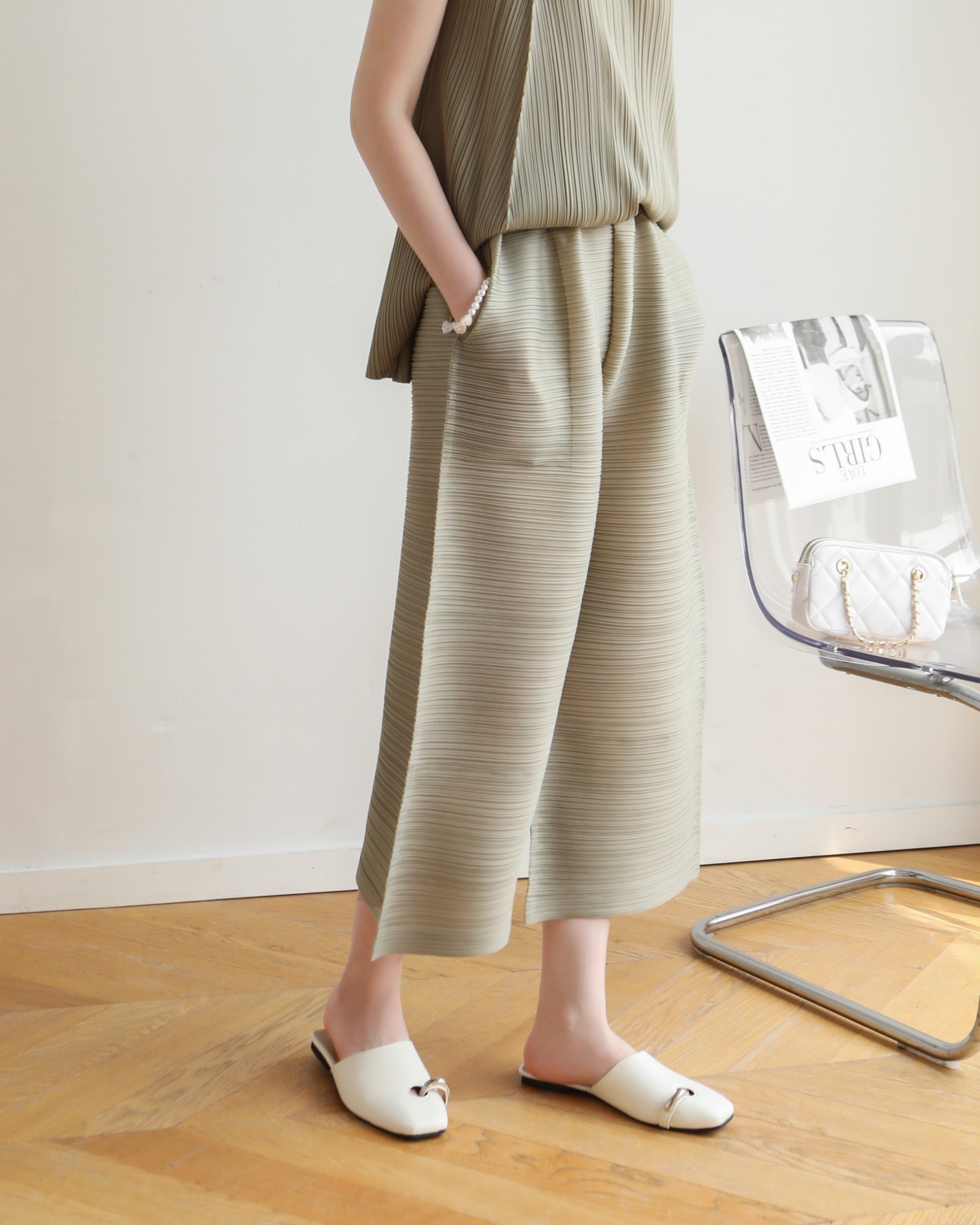 ยาว 32นิ้ว!! 2MUAY รุ่น GJO1134 กางเกงพลีทคุณภาพ CROPPED WIDE LEG PLEATED PANTS 12 สี FREE SIZE