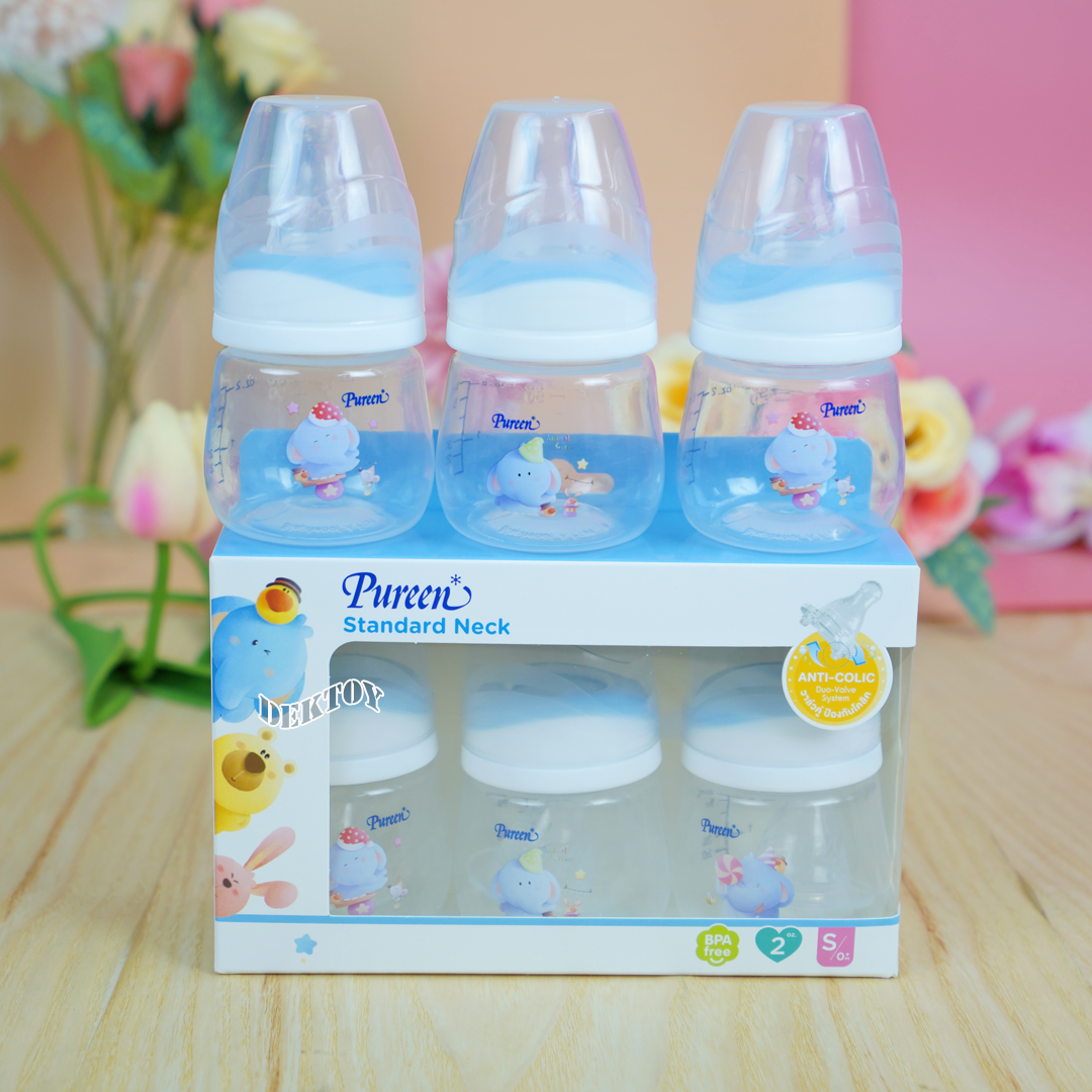 Pureen เพียวรีน ขวดนมเพียวรีนเด็กแรกเกิด PP 2 ออนซ์คอแคบ แพ็ค3ขวด ลายช้าง