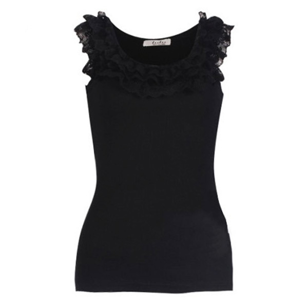 [SALE] เสื้อแขนกุด ผ้าคอตตอนลูกฟูก แต่งระบายลูกไม้-10240