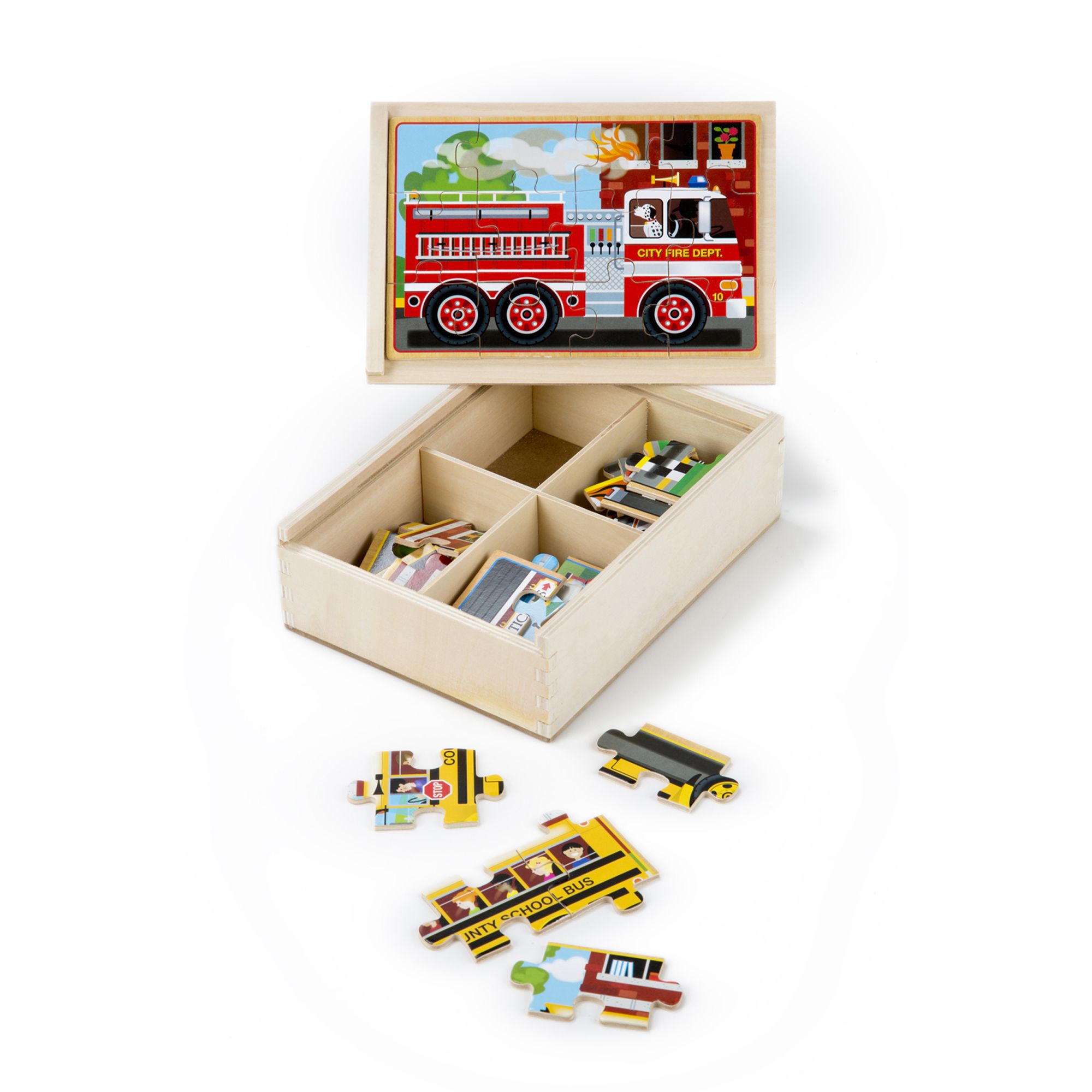 จิ๊กซอไม้ 4-in-1 สี่แบบในกล่องเดียว พร้อมกล่องเก็บอย่างดี Vehicles Jigsaw Puzzles in a Box Melissa&Doug, ของเล่นเสริมพัฒนาการ, ของเล่น