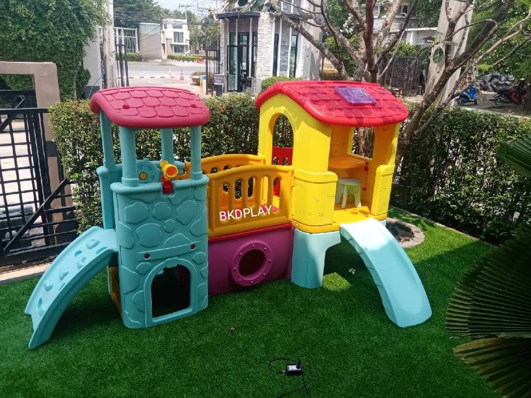 บ้านเด็กวินเทจ สีพาสเทล, สไลเดอร์พร้อมปีนป่าย บ้านสไลเดอร์ของเล่น บ้านน้อยสองชั้น กระดานลื่นพลาสติก,บ้านมีสไลเดอร์ , เครื่องเล่นสนาม พร้อมส่ง