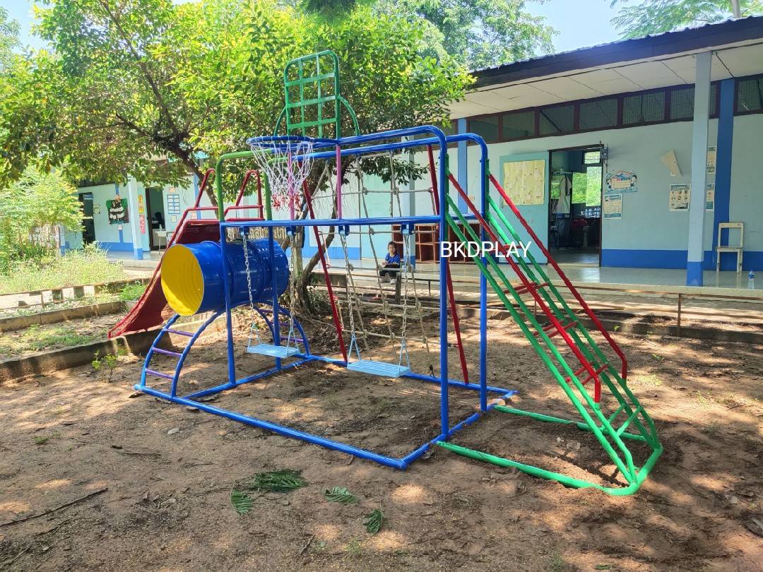 ชุดรวม E เชือกถักใหญ่ ประกอบด้วยสไลเดอร์ชิงช้าปีนป่ายแป้นบาสและถังลอดถ้ำ กระดานลื่นเหล็ก เครื่องเล่นสนามกลางแจ้ง เครื่องเล่นสนามเหล็ก OutdoorPlayground,ผลิตเครื่องเล่นสนาม,เครื่องเล่นในสนามเด็กเล่น,เครื่องเล่นงบสพฐ.,ประชารัฐ, ราคาโรงงาน