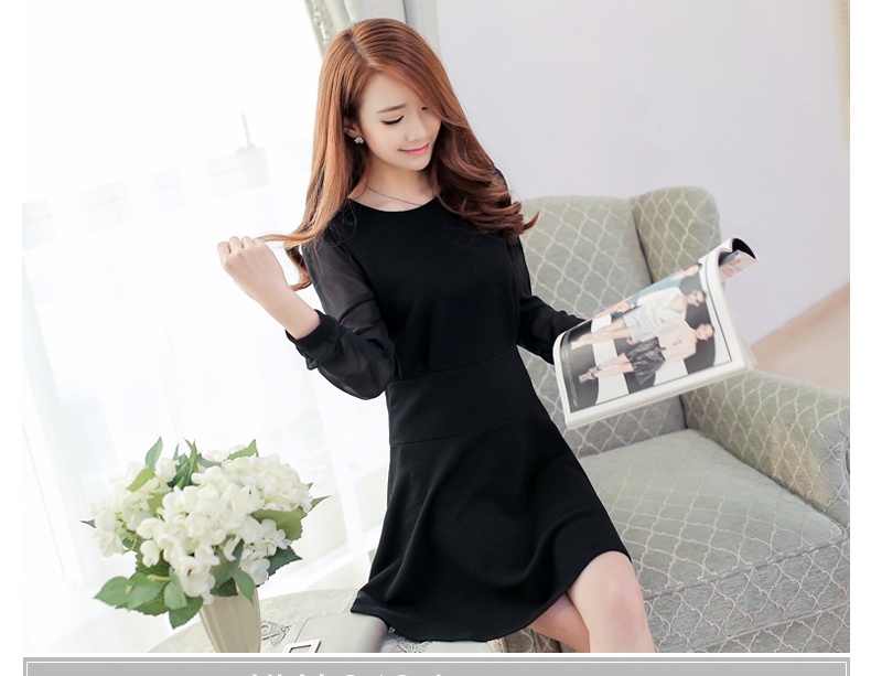 เดรสสีดำ ผ้ายืดหยุ่นเนื้อดี ช่วงแขนตัดต่อผ้าชีฟอง งานตามแบบ สีดำ
