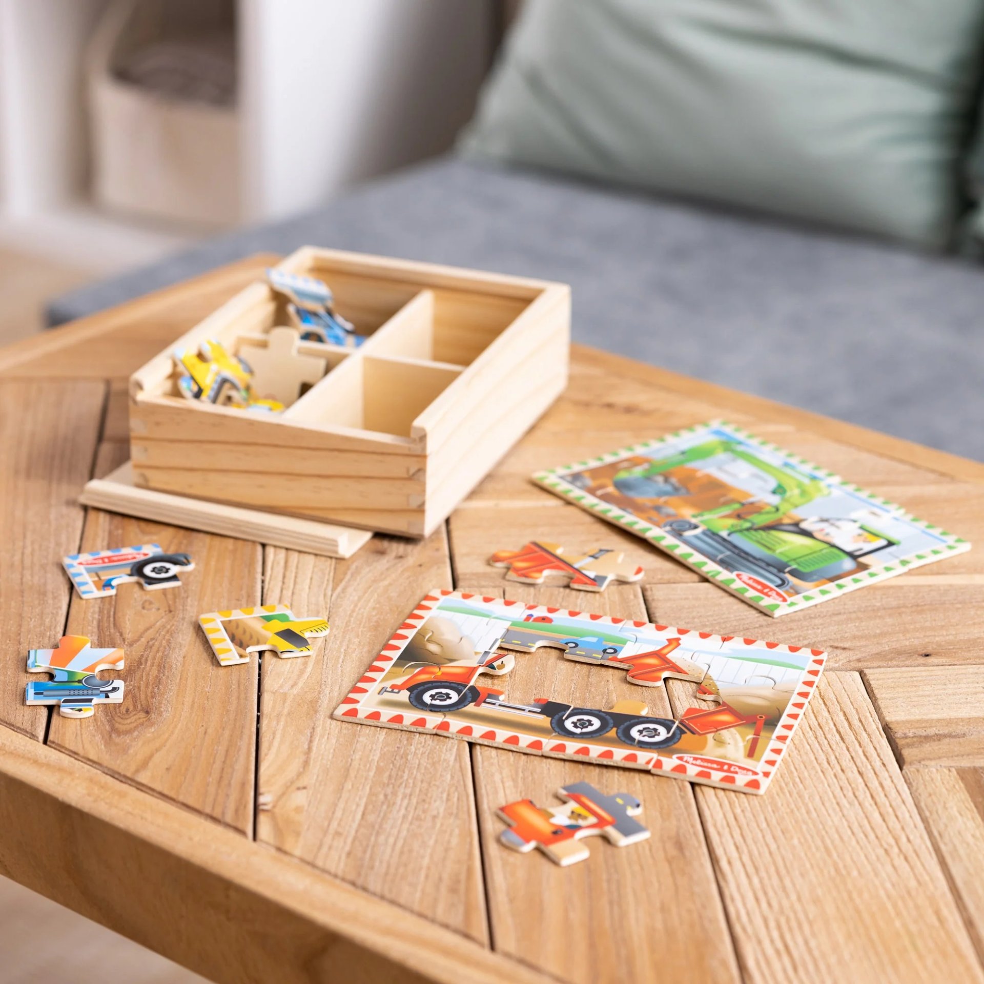 จิ๊กซอไม้12ชิ้นx4ลาย รุ่นรถก่อสร้าง Wooden Jigsaw Puzzles in a Box Construction Melissa & Doug