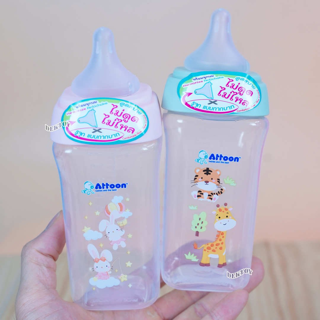 ขวดนมแอทตูน PP คอกว้าง ขนาด 5 และ 9 ออนซ์ มาพร้อมกับจุก หนา นุ่ม ไม่ดูดไม่ไหล