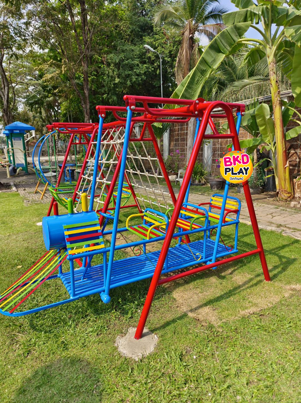 เครื่องเล่นสนามกลางแจ้ง เหล็ก ชุดปีนป่ายรวมรถไฟ พร้อมชิงช้านั่งคู่ OutdoorPlayground,ผลิตเครื่องเล่นสนาม,เครื่องเล่นในสนามเด็กเล่น,เครื่องเล่นงบสพฐ.,ประชารัฐ, ราคาโรงงาน ขนาด 150 x 350 x 160 ซม.