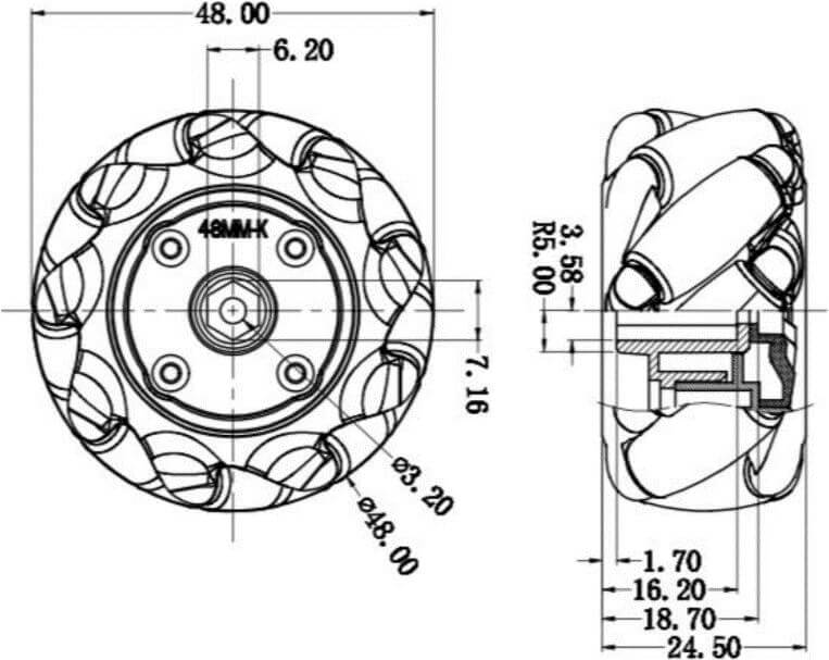ล้อแมคานัม 48mm (1 ชุดมี ล้อซ้าย ล้อขวา) Mecanum wheel omnidirectional wheel 48mm TT motor smart car