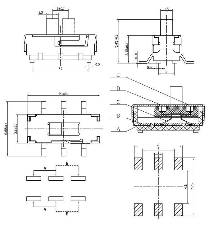 สวิตซ์ เปิด ปิด SMD MST22D18(2P2T) Hexa foot patch small toggle 6 feet 2 gear handle 2MM MSS22D18 toggle switch ON/OFF switch