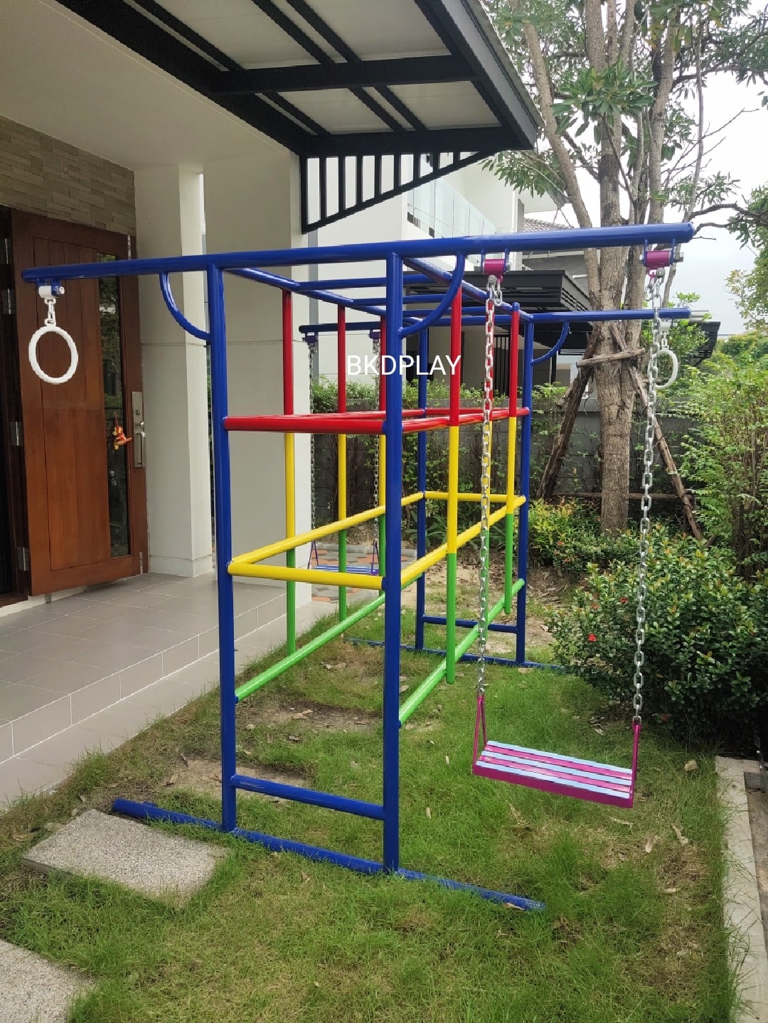 ชุดรวมM เครื่องเล่นสนามกลางแจ้ง เครื่องเล่นสนามแบบเหล็ก ประกอบด้วยชิงช้าปีนป่ายบาร์โหน OutdoorPlayground,ผลิตเครื่องเล่นสนาม,สนามเด็กเล่น,เครื่องเล่นงบสพฐ.ประชารัฐ ราคาโรงงาน ขนาด 150x195x188 ซม.