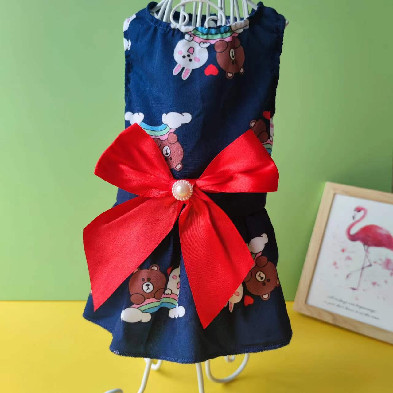 🇹🇭พร้อมส่ง🇹🇭 👗🥰🐻 เดรสสีสดใสลายน่ารักแต่งโบว์ติดมุก for pet สุนัข หมา แมว