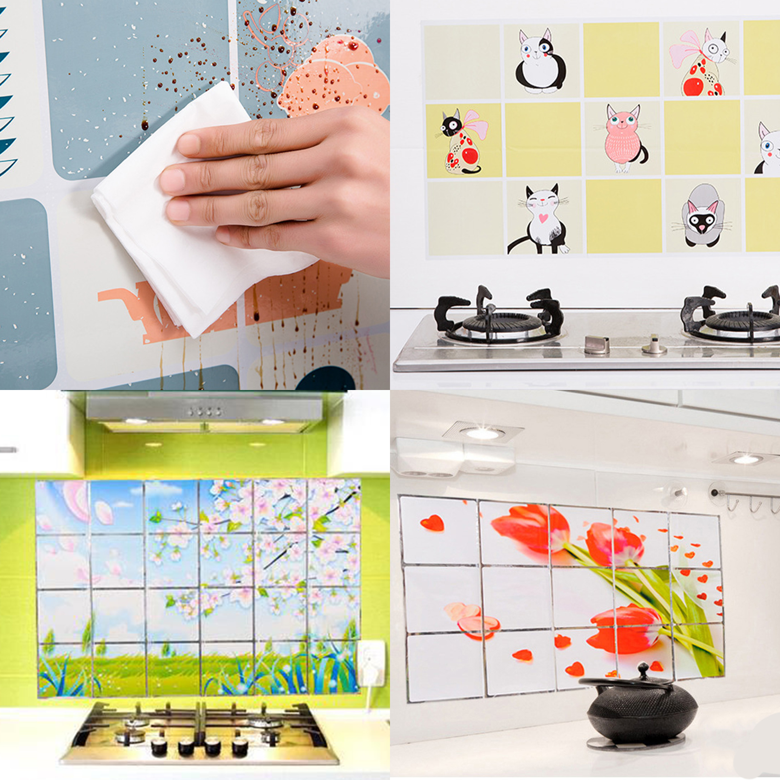 แผ่นติดผนัง กันเปื้อน สติ๊กเกอร์ติดผนัง มีหลายรุ่น หลายขนาด กันน้ำมันกระเด็น ติดผนังห้องครัว ทำความสะอาดง่าย