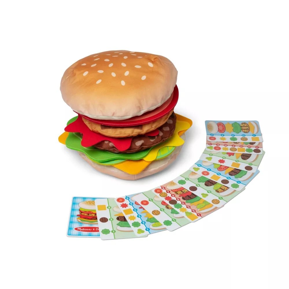 ของเล่นเกมทำแฮมเบอร์เกอร์ Mix & Match มีตัวติดทุกชิ้น ต่อไม่หลุดง่าย มีโจทย์ Stacking Burger ชิ้นใหญ่กว่าฝ่ามือ! ทำจากผ้าอย่างดี ซักเครื่องได้ ท้าทาย & เสริมความคิด จาก USA คุณภาพดี ปลอดภัย100% ทนทาน Melissa & Doug Burger Stacking Game