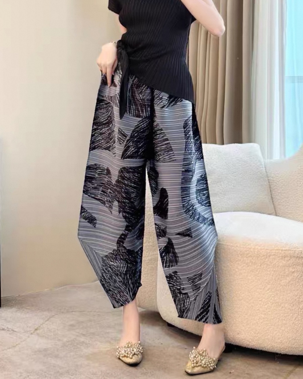 2MUAY รุ่น CX22305 กางเกงพลีทคุณภาพ PRINTED ANGLE PLEATED PANTS 6 สี FREE SIZE