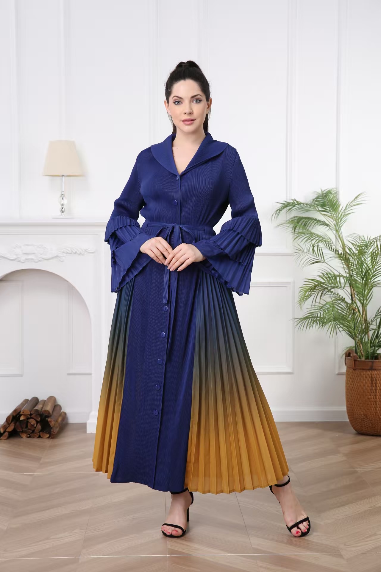 2MUAY รุ่น GA6760 เดรสอัดพลีท ELEGANT BUTTON FRONT GRADIENT PLEATED DRESS 7 สี FREE SIZE