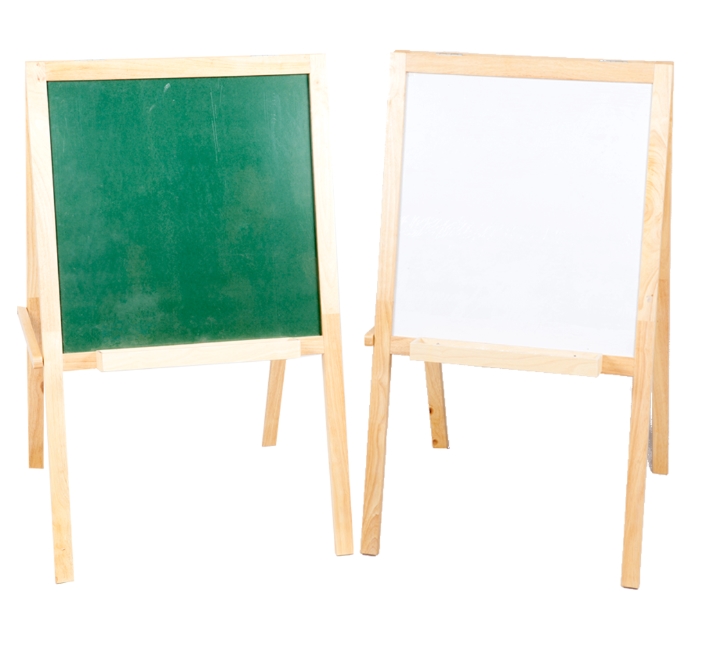 กระดานดำ - ไวท์บอร์ด 2ด้าน มีรางสำหรับใส่ปากกา ทั้ง 2 ด้าน มีขาหยั่ง อีกด้านเป็นแม่เหล็ก ขนาด : 66x110 ซม.