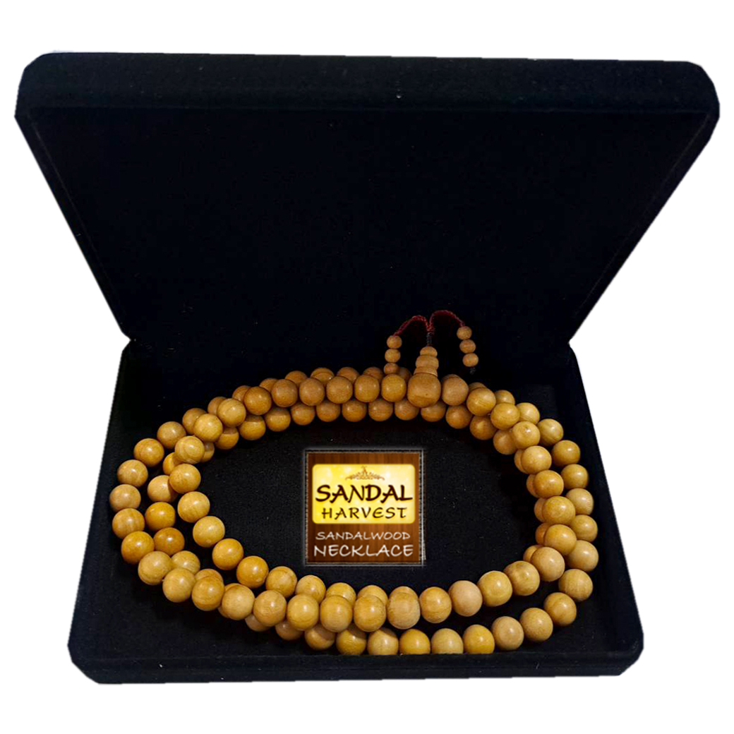 สร้อยคอ ไม้จันทน์หอมแท้ 100% จากอินเดีย (108 เม็ด) ในกล่องกำมะหยี่ สวยหรู งานทำมือ ละเอียด ปราณีต ทุกเม็ด ไม่มีน้ำหอม ไม่ทำสี