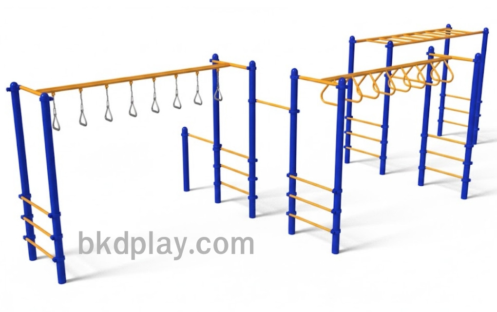 บาร์โหน+ปีนป่ายทรงตัว, เครื่องเล่นสนามกลางแจ้ง เหล็ก, ตั้งพื้น,OutdoorPlayground, ออกกำลังกายเด็ก สำหรับสนามกีฬา สวนสาธารณะ เทศบาล ผลิตในไทย ขนาด 400x400x200 ซม.
