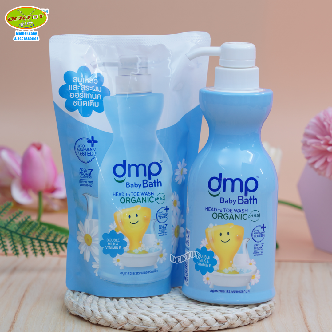 DMP ดีเอ็มพี สบู่เหลวอาบน้ำและสระผม ดับเบิ้ลมิลค์แอนด์วิตามินอี ออร์แกนิค พีเอช 5.5 ขาวฟ้า 480 + 250 มล. หัวปั๊ม+ถุง