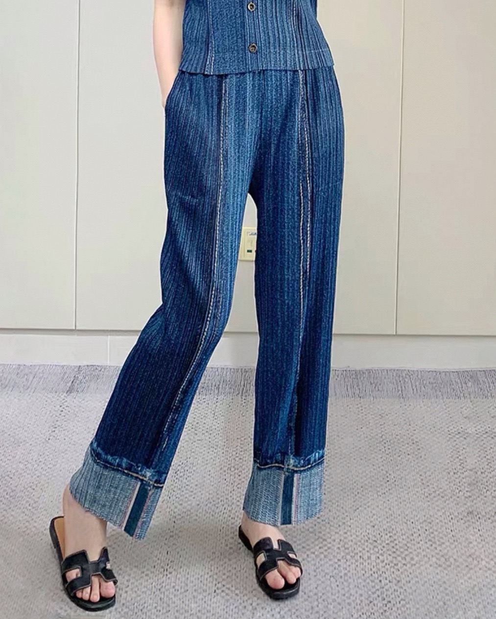 ยาว 36 นิ้ว!! 2MUAY รุ่น CX0445 กางเกงพลีทคุณภาพ STRAIGHT LEG DENIM FOLD PLEATED PANTS สียีนส์เข้ม FREE SIZE