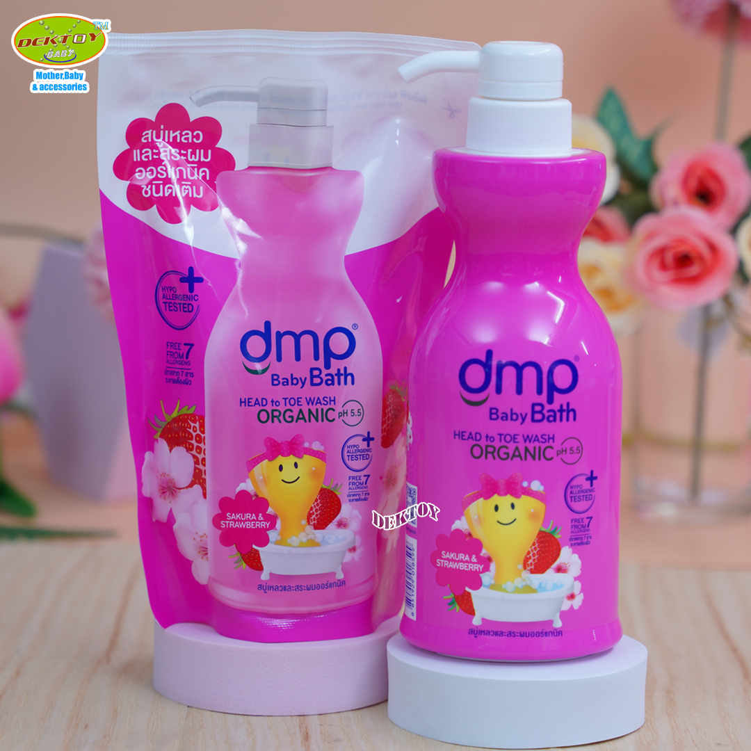 DMP Dermaporn สบู่อาบน้ำ ออร์แกนิค เบบี้บาธ ซากุระ & สตรอว์เบอร์รี่ สีชมพูเข้ม 480 มล. แถมถุงเติม 250 มล.