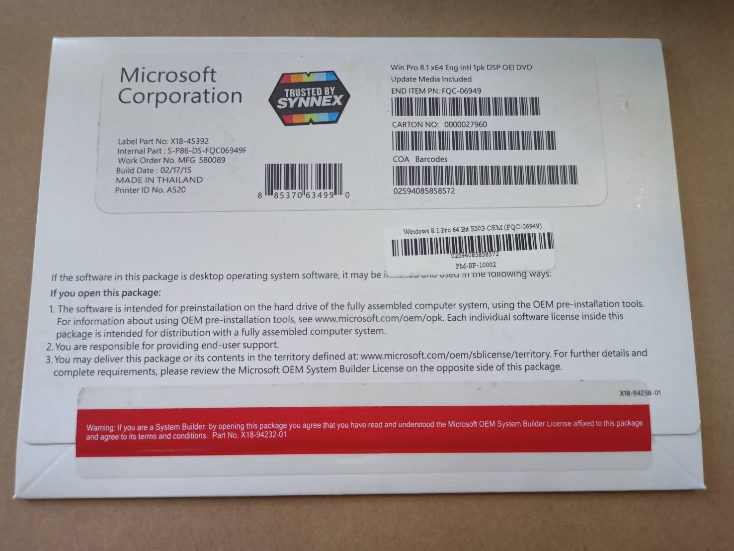 Windows 8.1 Pro 64 Bit ENG OEM (FQC-06949)