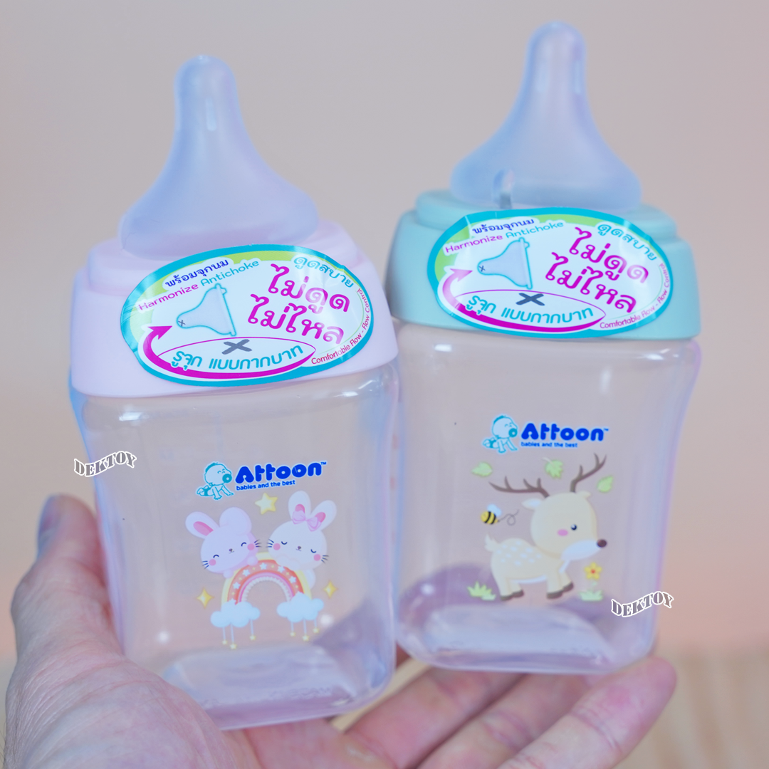ขวดนมแอทตูน PP คอกว้าง ขนาด 5 และ 9 ออนซ์ มาพร้อมกับจุก หนา นุ่ม ไม่ดูดไม่ไหล