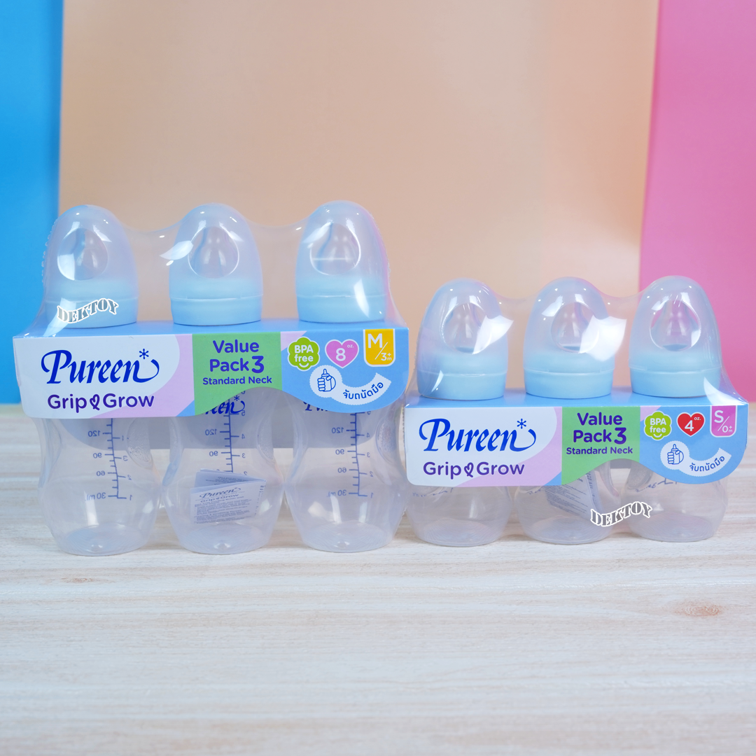 Pureen ขวดนมเพียวรีนจับถนัดมือ PPคอมาตรฐานแพ็ค3ขวดจุกนุ่มAnti-colic Grip grow