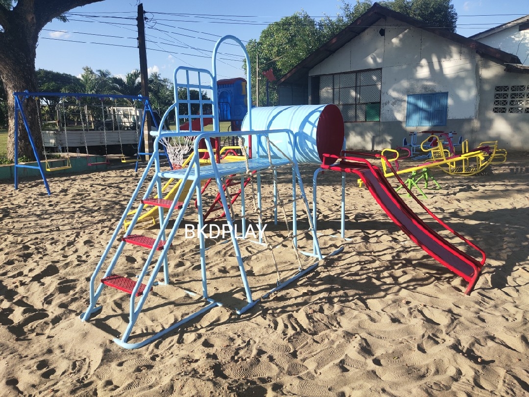 เครื่องเล่นสนามชุดรวมD ประกอบด้วยสไลเดอร์ปีนป่ายแป้นบาสและถังลอด, เครื่องเล่นสนามกลางแจ้ง , เครื่องเล่นสนามเหล็ก, ของเล่น, OutdoorPlayground,สนามเด็กเล่น,เครื่องเล่นงบสพฐ.ประชารัฐ ราคาโรงงาน