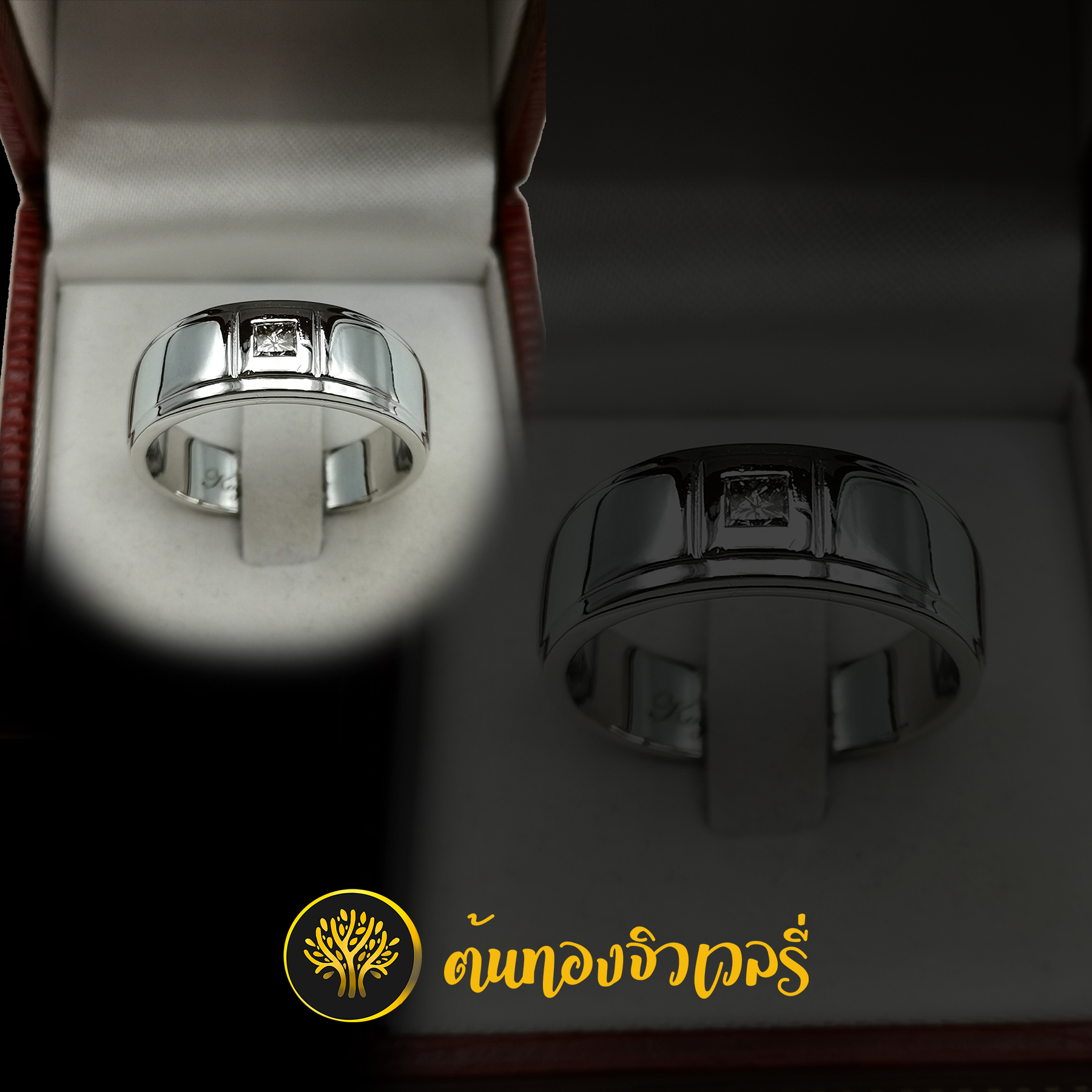 แหวนเงินฝังเพชรกลาง เรียบๆสวยๆ เลเซอร์ท้องแหวนคมๆเลย