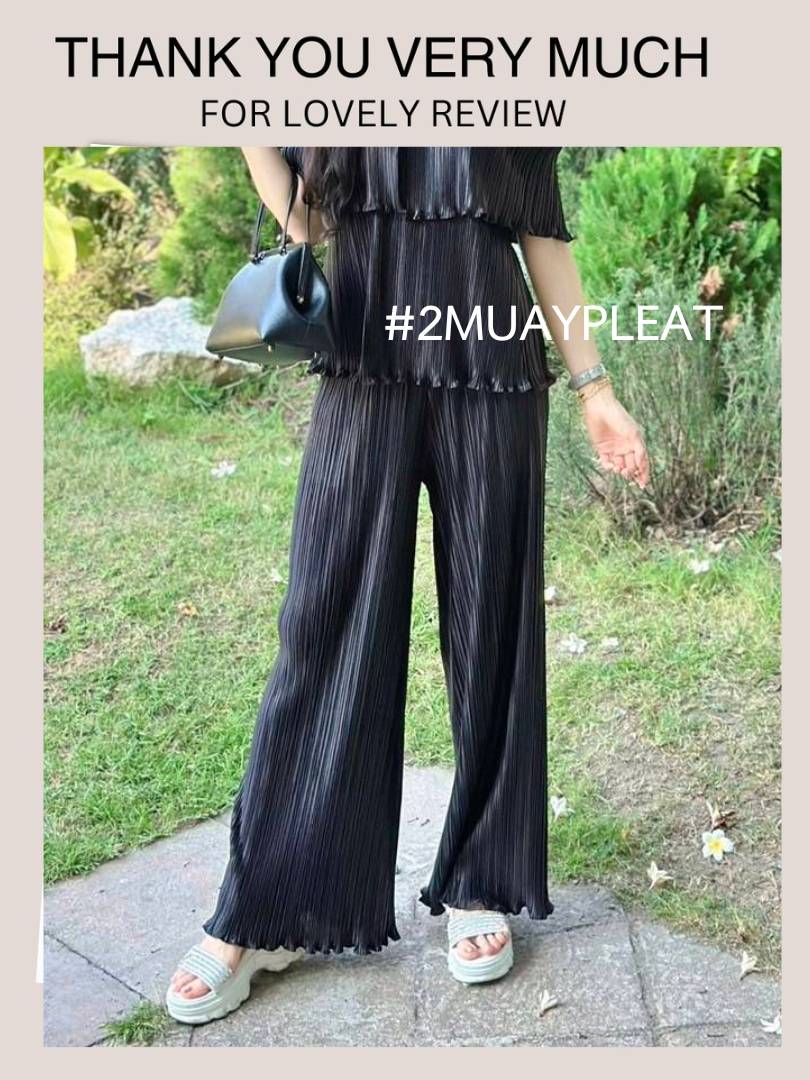 ปรับราคาลง20%!! ยาว 38.5นิ้ว! 2MUAY รุ่น GJO10106-9 กางเกงพลีทคุณภาพ STRAIGHT LEG METALLIC PLEATED PANTS 4สี FREE SIZE