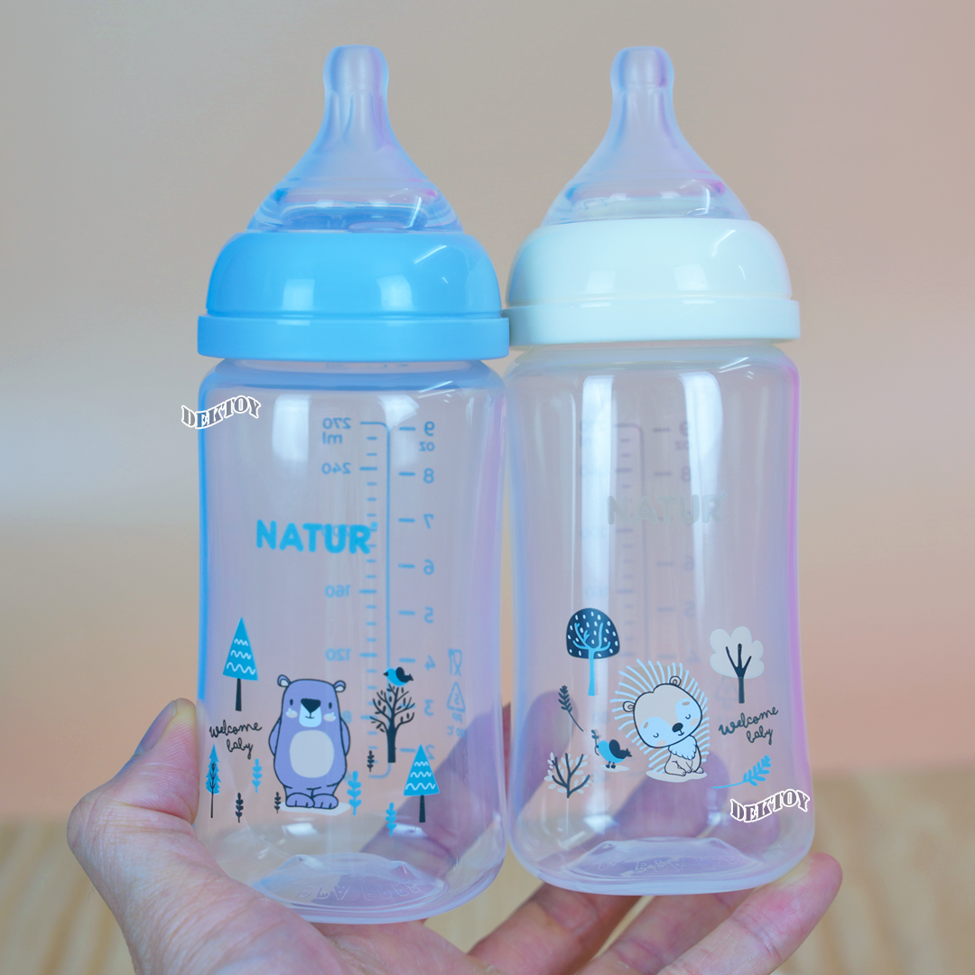 Natur infinit one size ขวดนมเนเจอร์อินฟินิท คอกว้าง PES สีชา และ PP 5 และ 9 ออนซ์ จุกนมไม่ดูดไม่ไหล 0-18 เดือน