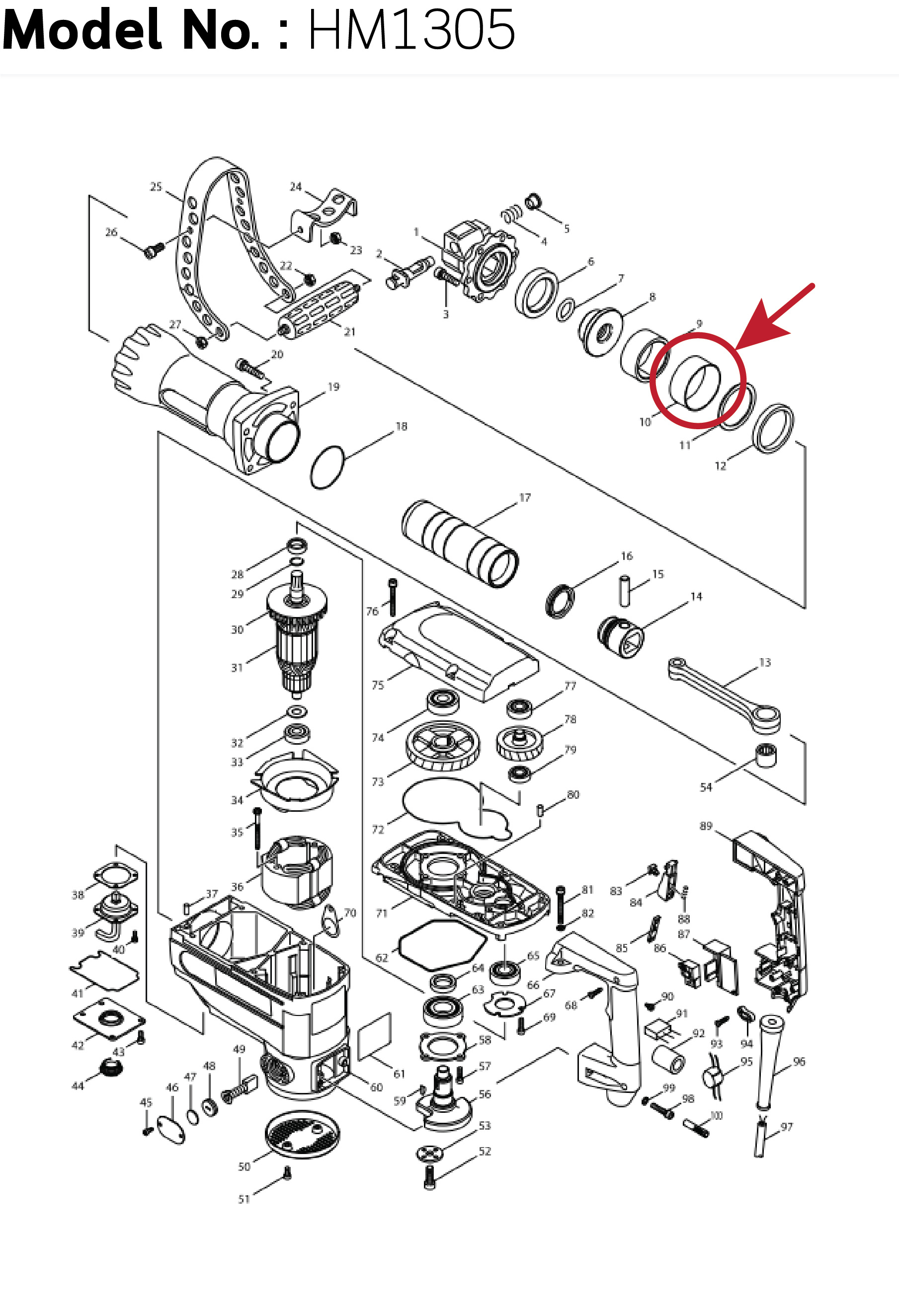 ยางวงในกระบอกสูบ (แท้) สกัดไฟฟ้า Makita มากีต้า รุ่น HM1305 #10 (262557-1) (อะไหล่แท้100%) RUBBER SLEEVE 66