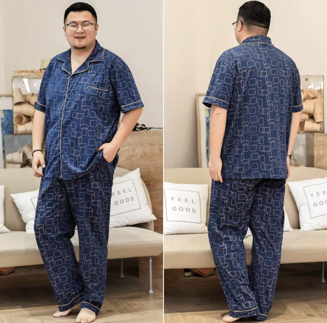 ชุดนอนผู้ชายอ้วน ไซส์ใหญ่ แขนสั้น-ขายาว ลายสี่เหลี่ยม ผ้าเนื้อดี ใส่สบาย