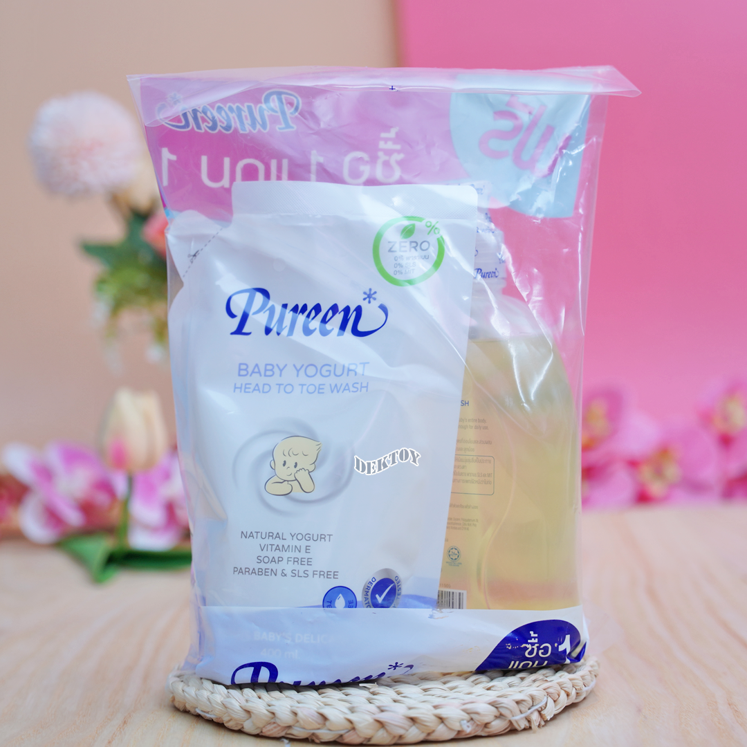 1แถม1 สบู่เหลวอาบสระผมเด็ก Pureen เพียวรีน เบบี้เฮดทูโทวอช 500 มล. แถม เบบี้โยเกิร์ตเฮดทูโทวอช 400 มล.(ปั๊มแถมถุง)