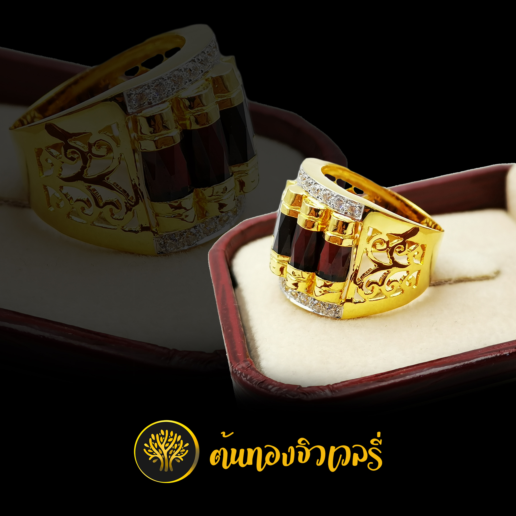 แหวนโกเมนแถว ฝังเพชรบน-ล่าง ข้างฉลุลาย สวยแบบจัดเต็มไปเลยสิครับ